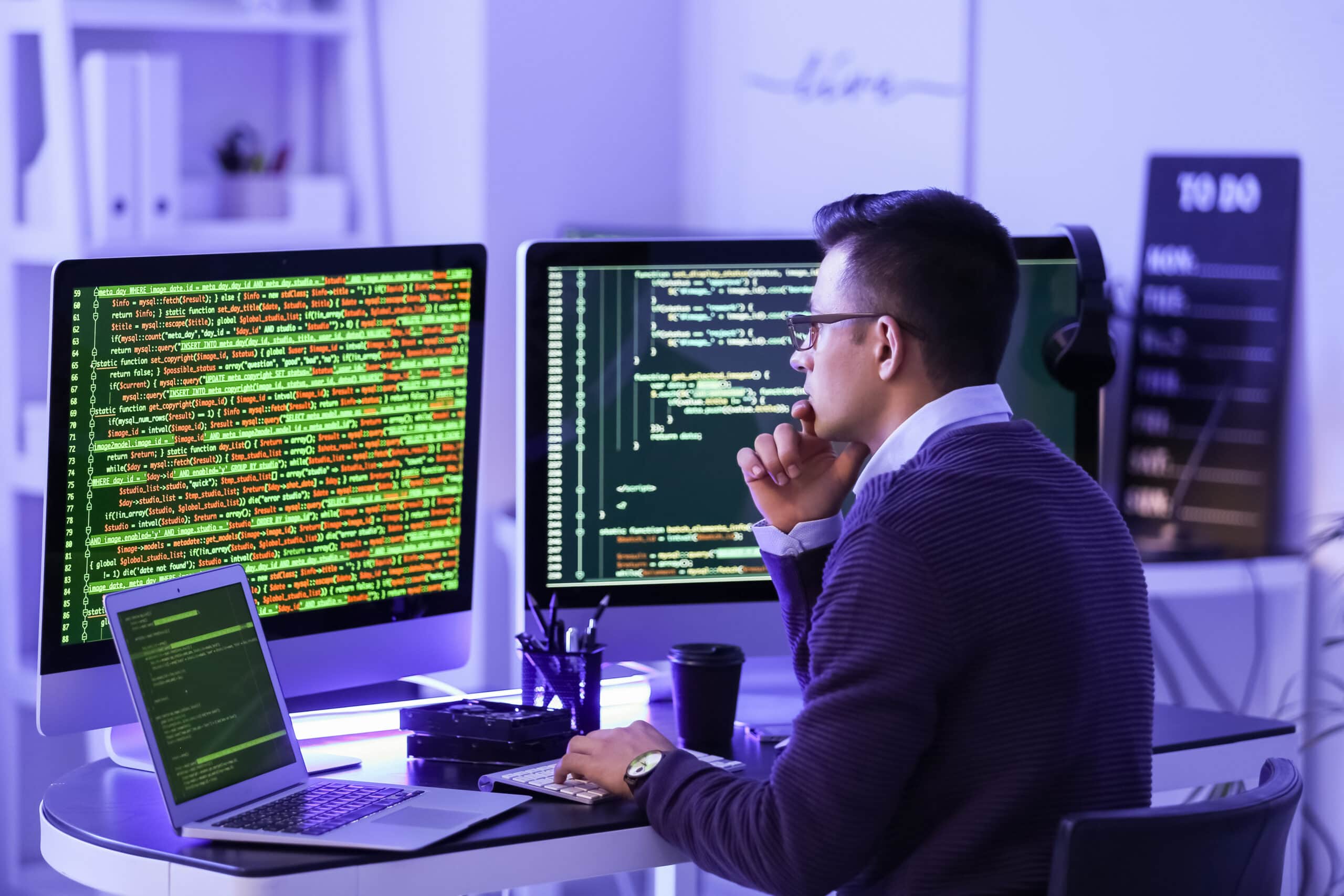 Male programmer running manual scripts on 3 different screens during an active directory synchronisation project.