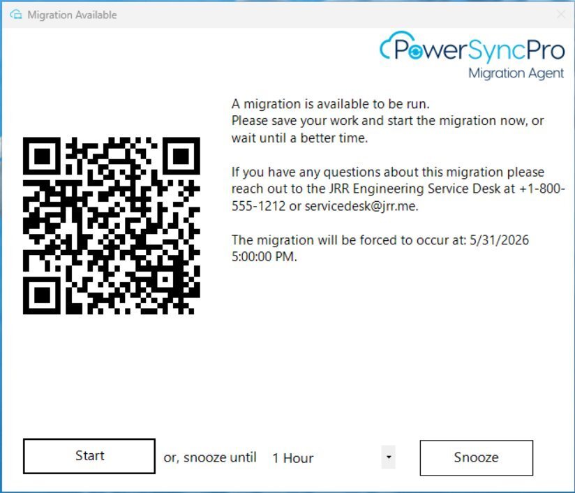 Migration Available prompt with Start and Snooze options