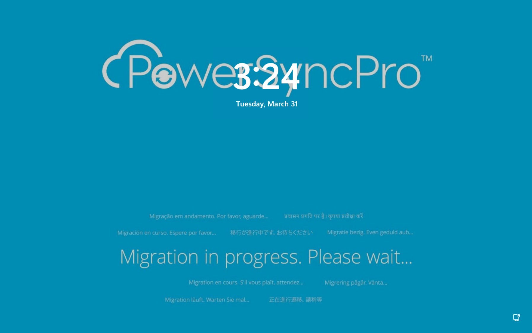 Custom lock screen showing migration in progress in multiple languages