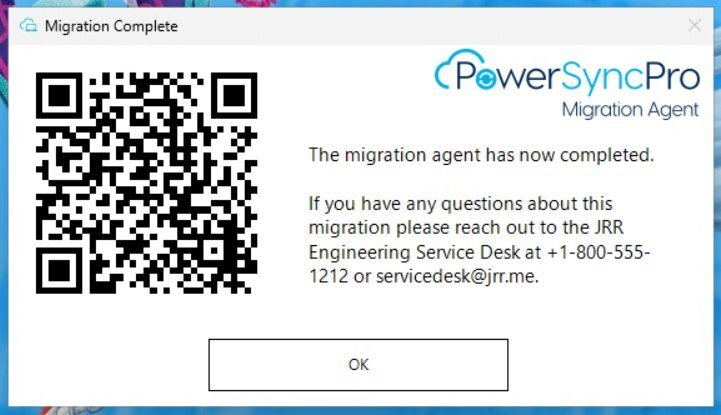 Migration Complete confirmation with support contact and OK button